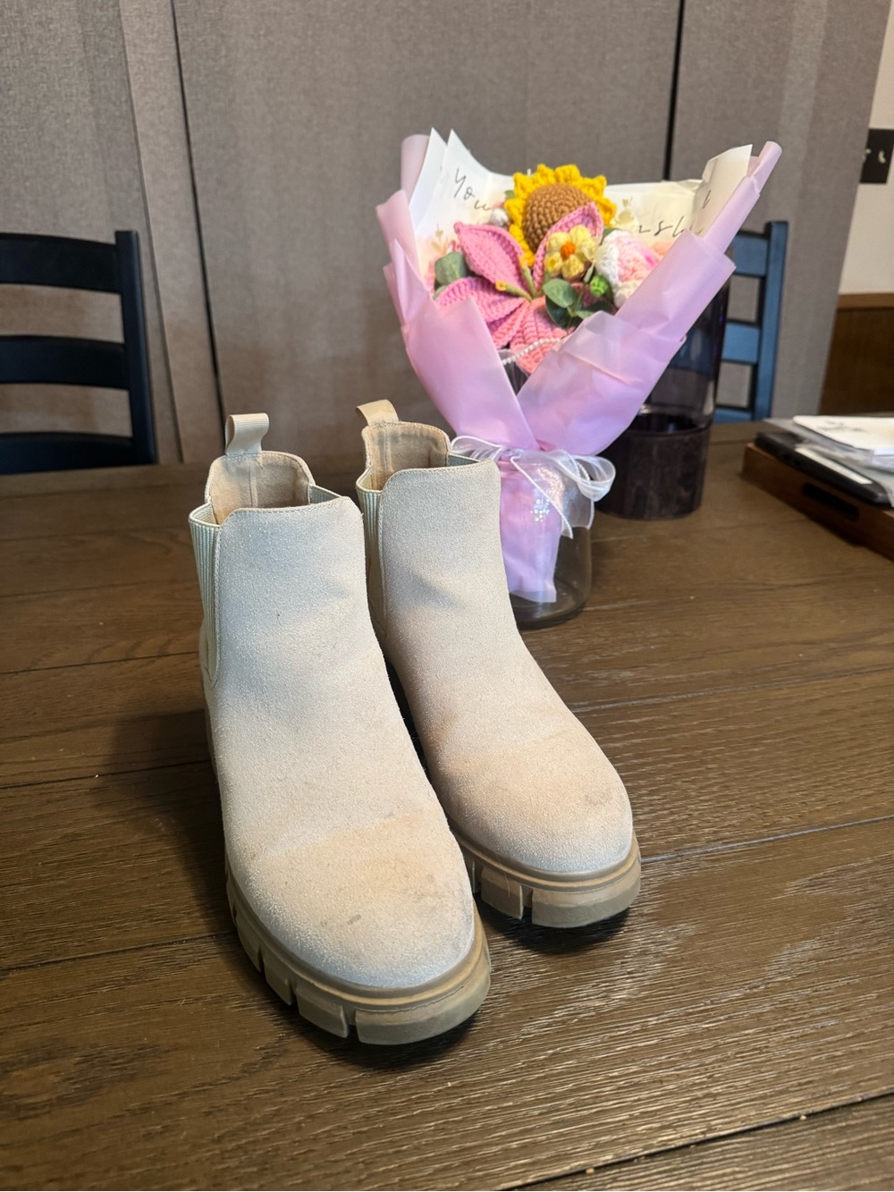 Beige Chelsea Platform Boots for Women - Suede Look